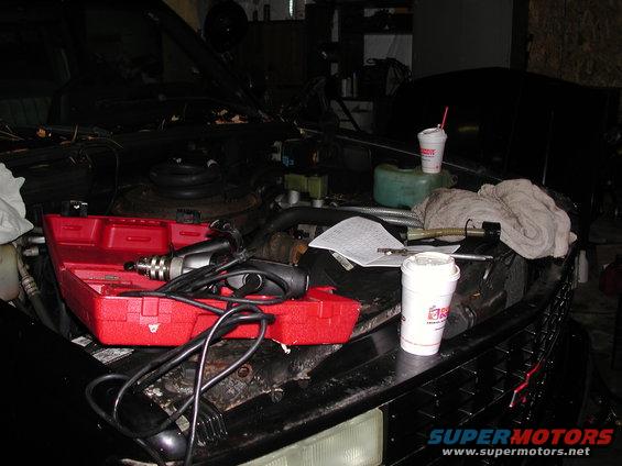 Vehicle engine bay with a red toolbox, tools, and two cups of coffee