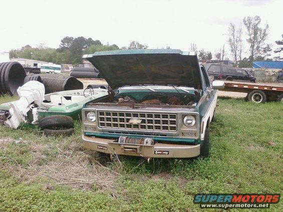 1979 Chevrolet Cheyenne pickup truck, front view, hood open, green and white