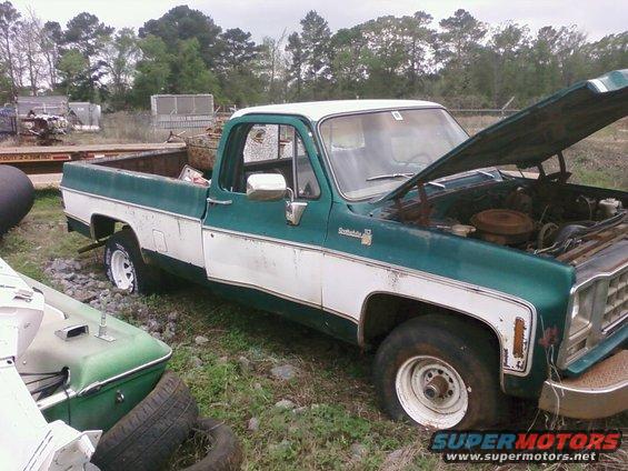 1979 Chevrolet Cheyenne pickup truck, green and white, hood open