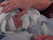 1981 Ford Bronco - A close-up view of a newborn baby being held by an adult's hand.