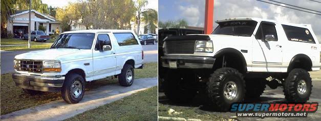 White Ford Bronco SUV, lifted with large tires, side view