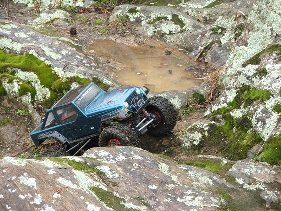 Blue RC rock crawler navigating rocky terrain near a puddle