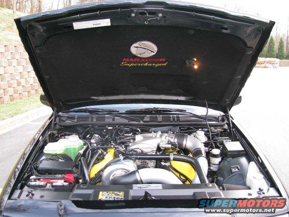 Engine bay with Marauder Supercharged emblem on hood liner