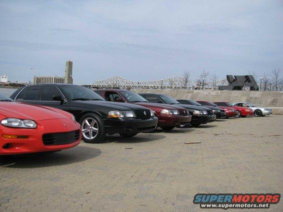 Several sedans and a red sports car parked in a line by a waterfront with a bridge and buildings in the background
