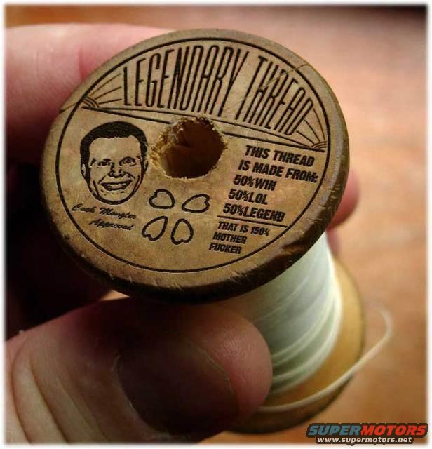 Wooden spool of thread with "Legendary Thread" text and a drawing of a man