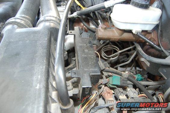 Engine compartment showing a black fuse box labeled 'EEC POWER' and a brake fluid reservoir