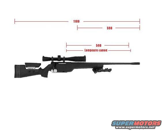 sniper rifle with dimensions labeled 1180 and 590, and barrel length labeled 590