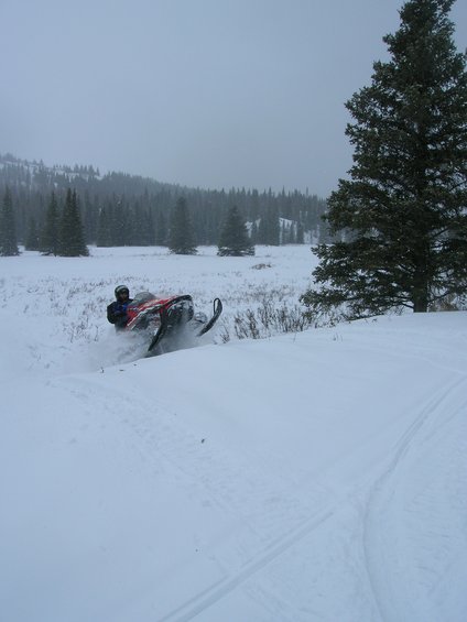 Snowmobile kicking up snow in a snowy field with trees in the background