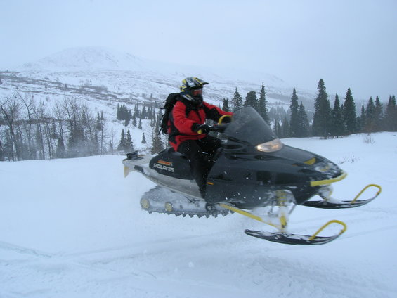 Black Polaris snowmobile with yellow accents, ridden by a person in a red jacket, moving through snow with trees and a mountain in the background