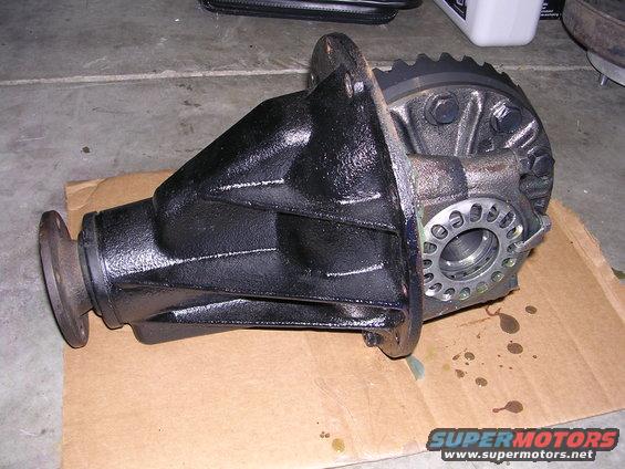 Black painted differential housing with bolted cover and splined output shaft