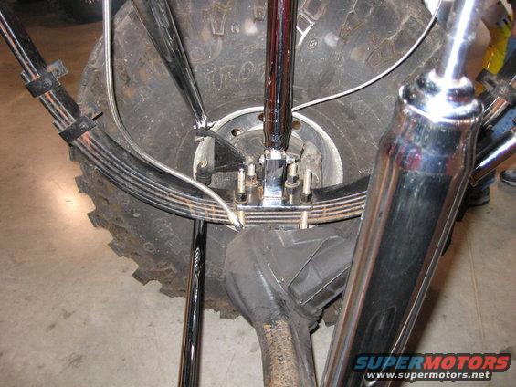 Close-up of a vehicle's leaf spring suspension and large tire