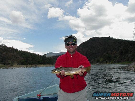 Man in red jacket and tan shorts holds a brown trout in a boat on a river