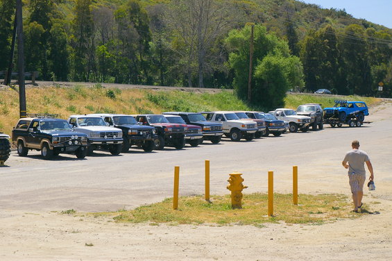 Line of Ford Broncos and other SUVs parked in a lot