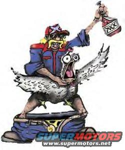 Cartoon drawing of a man in overalls riding a chicken, holding a bottle of XXX