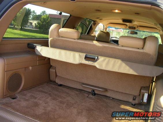 Interior cargo area of a tan SUV with folded rear seats and cargo cover