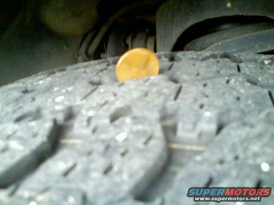 Close-up of a tire tread with a penny on it