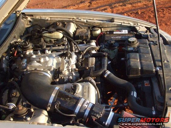Engine bay with aftermarket intake. Some hoses and battery visible