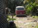 1971 Volkswagen Vanagon - Rear view of a 1971 Volkswagen Type 2 van parked in a yard with dense foliage.