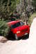 1995 Ford Bronco - This red 1995 Ford Bronco is captured in a three-quarter front view as it maneuvers through a challenging off-road terrain with dense folia…