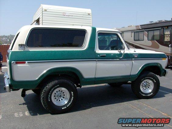 1978 Ford Bronco, two-tone green and white, parked outdoors