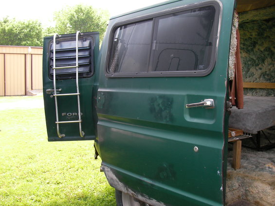1978 Ford E250 van side view with rear door open showing ladder and louvers