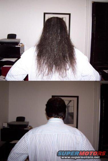 Person with long hair, wearing a white striped shirt, seen from behind