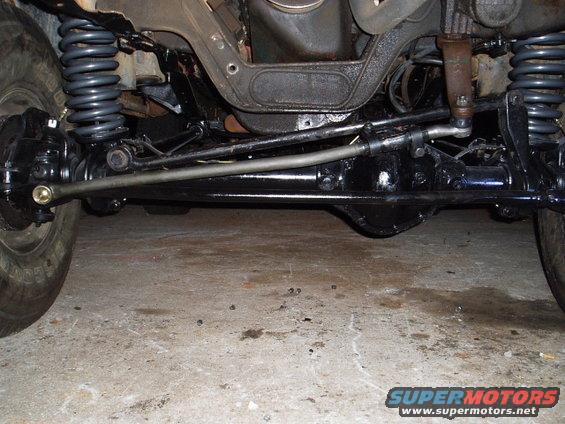 Underside view of a vehicle's front suspension and steering components, all painted black. A tire is visible on the left