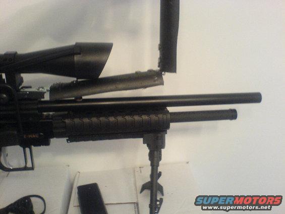 Black rifle scope with bipod attached, mounted on a firearm