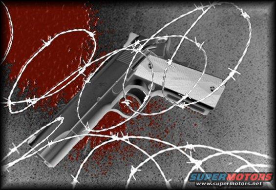 pistol tangled in barbed wire with blood splatters