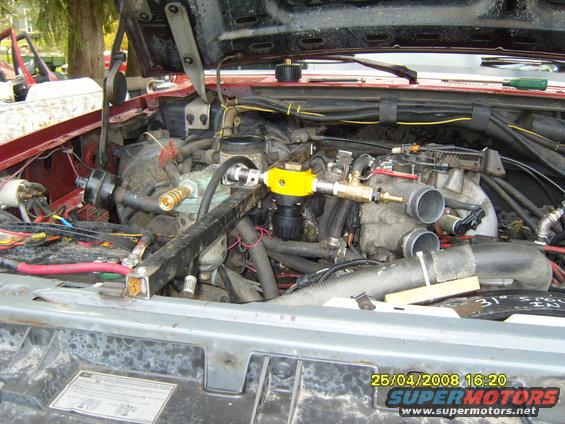 Engine bay with yellow component and various hoses and wires. Some text visible on a sticker and on the radiator support