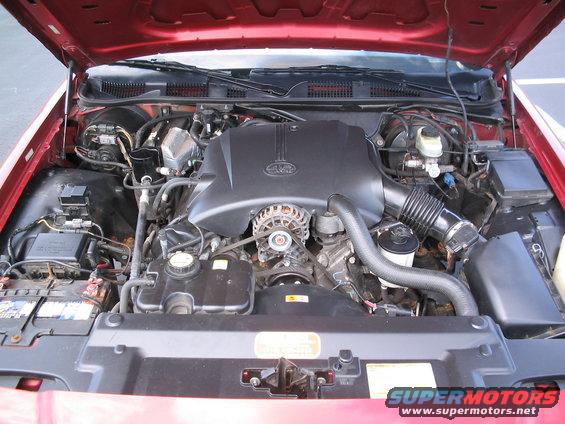 Red 2001 Ford Crown Victoria engine bay with hood open, showing the V8 engine, alternator, and air intake system