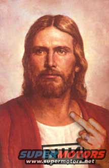 Painting of Jesus Christ giving the middle finger, with "SUPER MOTORS" logo at bottom