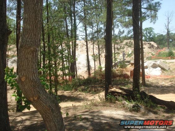 Construction site with trees and piles of dirt and rocks