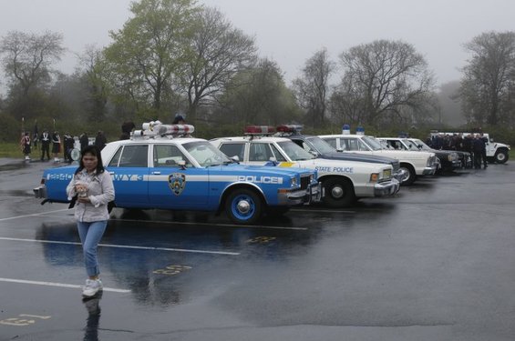 Several police cars parked in a line on a wet day. A woman stands in front of the closest car
