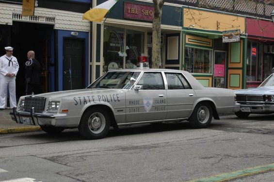 Silver 1977 Plymouth Gran Fury police car with STATE POLICE markings