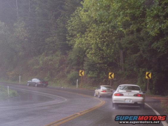 Three cars driving on a winding, wet road with trees on either side. Yellow curve signs are visible