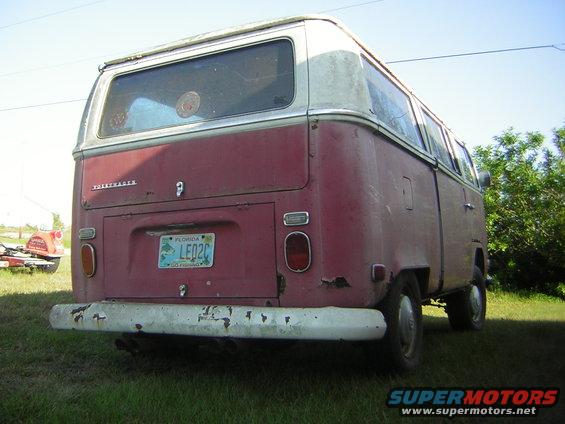 1971 Volkswagen Type 2 Bus rear view, red and white paint, Florida license plate LED2C