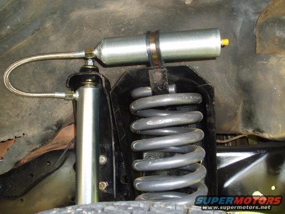 Close-up of a vehicle's suspension system, showing a shock absorber and a large coil spring