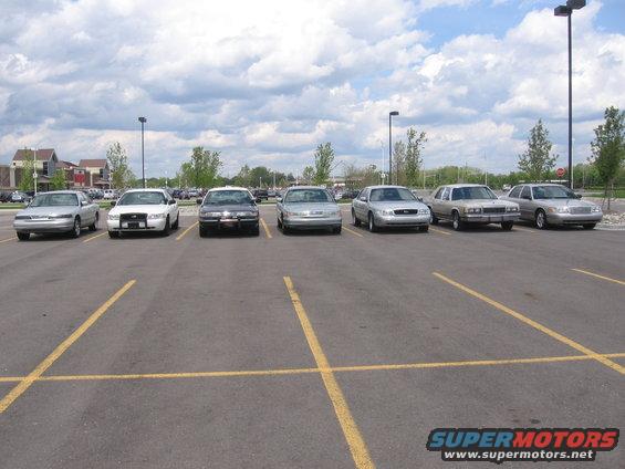 Six sedans parked in a lot, including a white Crown Victoria and several silver sedans