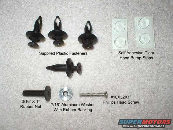 bugflector2.jpg Shown are the components that come with the deflector.
I went to the local hardware store and picked up the fasteners noted on the bottom.
The supplied plastic ones did NOT hold well enough in my opinion.
The clear bump-stops were installed after making a run on the freeway, and noting where and if the deflector could contact the hood.
It does bend down a little at speeds over 75mph, but nowhere near enough to touch the hood.
I'll update with a pic to show the installed locations of the bump-stops.