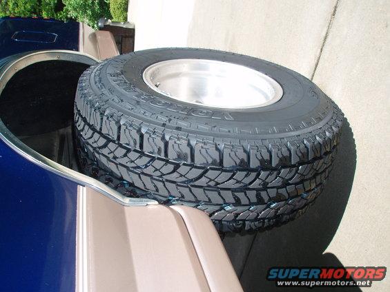Spare tire mounted on the rear of a blue and tan SUV