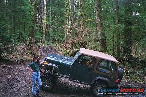 Dark green Jeep Wrangler with a tan soft top parked on a dirt trail in a forest