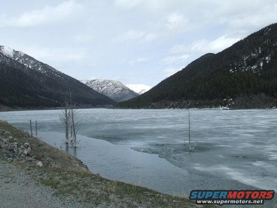 Frozen lake with snow-capped mountains and bare trees in the water