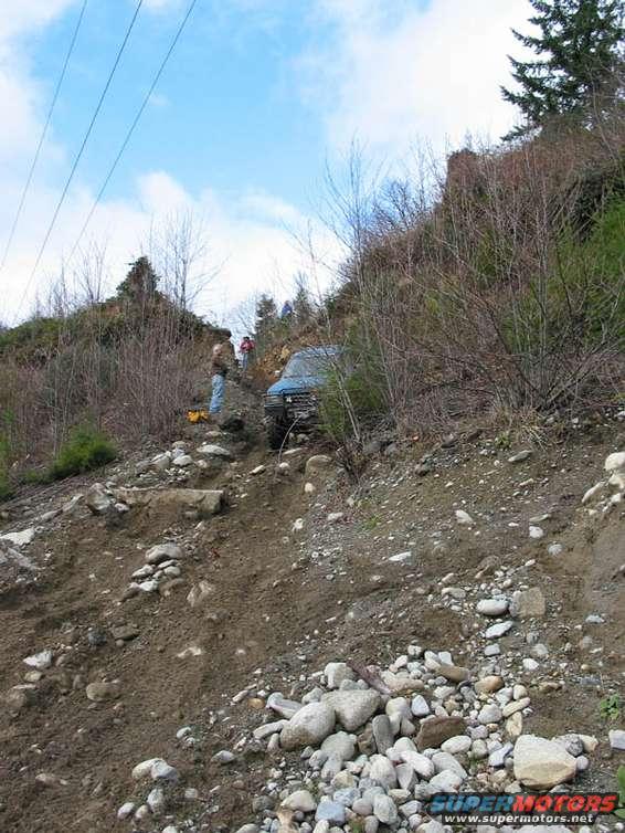 Blue 1995 Jeep Wrangler navigating a steep, rocky trail
