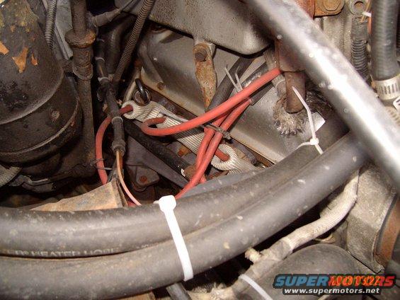 Engine bay with red spark plug wires and black hoses