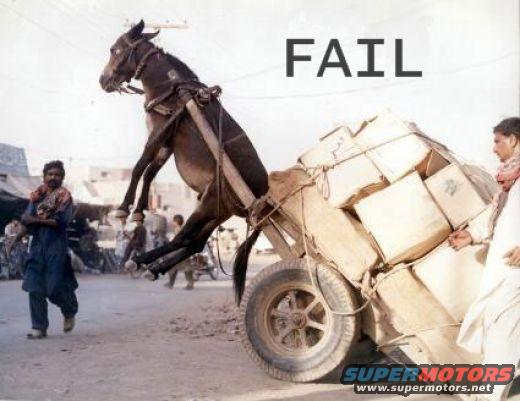 Horse rears up, about to tip over a cart overloaded with boxes. Text says FAIL