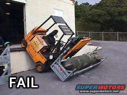 Forklift dropping a bomb, text 'FAIL' visible