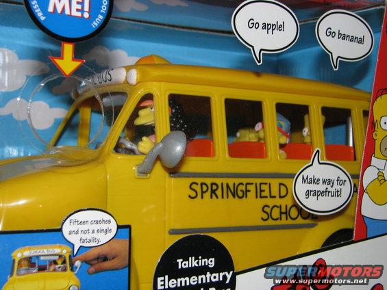Yellow toy school bus with "SCHOOL BUS" text and speech bubbles