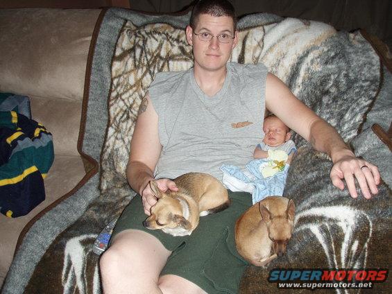Man wearing glasses and a grey t-shirt sits on a couch with a baby and two small dogs. A blanket with a camouflage pattern is draped over him