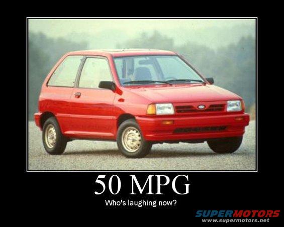 red hatchback with text '50 MPG' and 'Who's laughing now?'